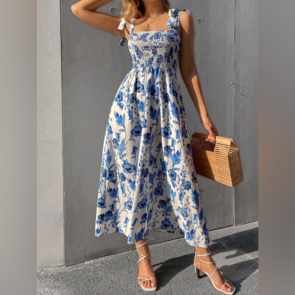 SHEIN Floral Print Tie Strap Square Neck Ruffle Boho Maxi Dress